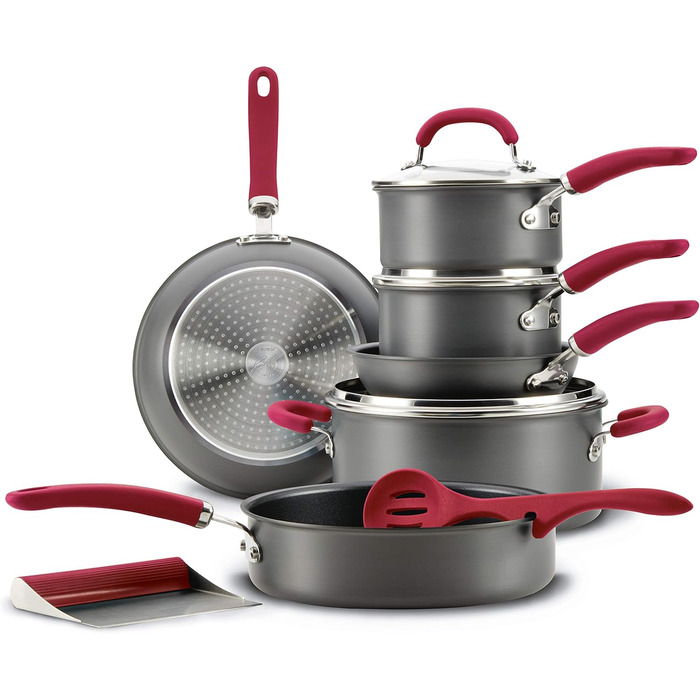 Набір посуду Rachael Ray, 11 предметів, з нержавіючої сталі, з антипригарним покриттям, сірий з червоними ручками