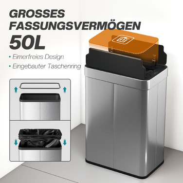 Відро для сміття HOMCOM з датчиком, об'єм 55 л, кришка-метелик, автоматичне відкривання, нержавіюча сталь, сріблястого кольору