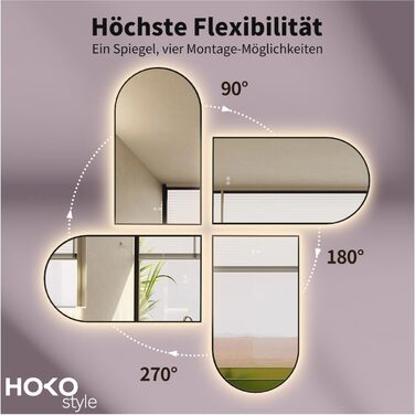 Дзеркало для ванної кімнати LED HOKO Design Turin, овальне, 45x75 см, матовий чорний каркас, сенсорне керування, світлодіодне підсвічування, зміна кольору світла (тепле/холодне/нейтральне), антизапарювання