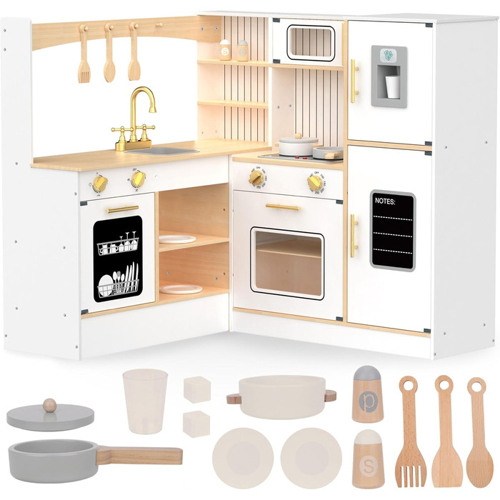 Дерев'яна кухня Мамабрум XXXL з LED-підсвічуванням та аксесуарами для дітей 3+ - набір іграшкової кухні з мікрохвильовою піччю, каструлями та столовим приладдям