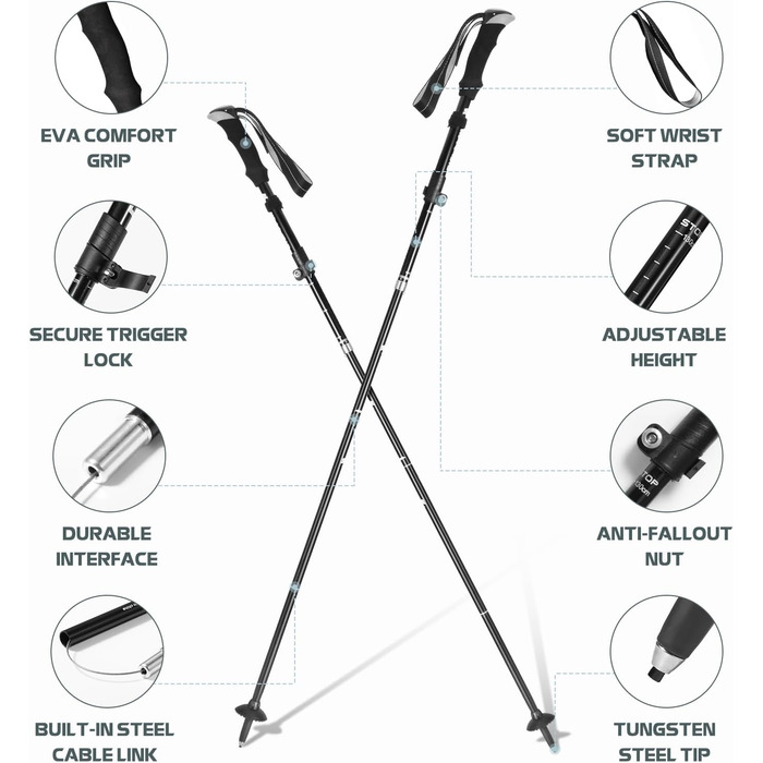 Палиці для скандинавської ходьби Vinabo для жінок і чоловіків 2 шт. и Туристичні палиці Складні та туристичні палиці Телескопічні карбонові трекінгові палиці - Надлегкі туристичні палиці з великою кількістю аксесуарів