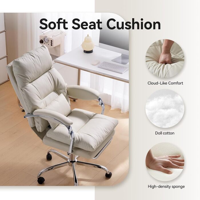 Офісний крісло EMIAH з підставкою для ніг, комфортний крісло для роботи з підлокітниками, ергономічний крісло для начальника з PU шкіри та роликами, ігровий комп'ютерний стілець з потовщеним сидінням, без функції масажу (Бежевий)