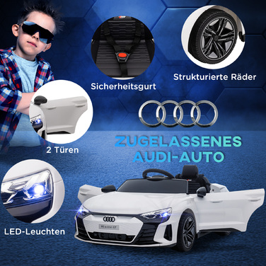 Дитячий електромобіль Audi RS e-tron GT з ременем безпеки, пультом дистанційного керування, фарами, музичною функцією, білий колір, розміри 103 x 58 x 41 см