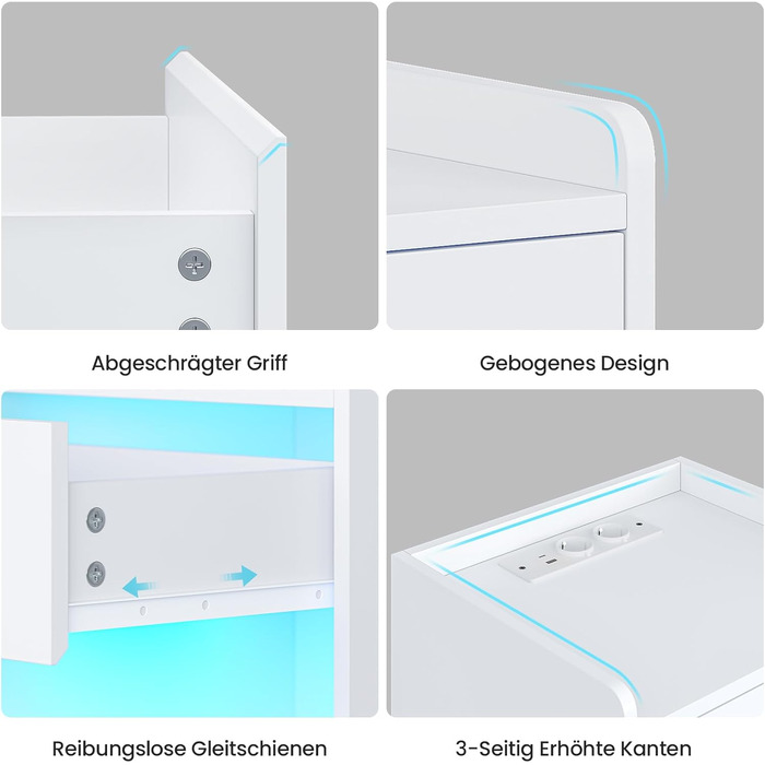 Нічний столик AOGLLATI з LED-підсвічуванням та зарядкою, 2 шухляди та полиця, білий (40x35x60 см)