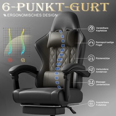 Ігровий стілець, офісний стілець з підставкою для ніг, ергономічний стілець, регульована спинка 90-135°, вантажопідйомність 150 кг, чорний