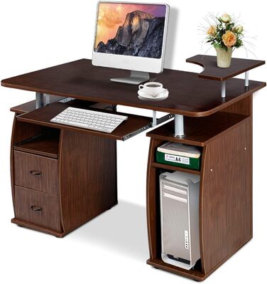 Комп'ютерний стіл Стіл для ПК Стіл Офісний стіл Робочий стіл з клавіатурою Висувні полиці Висувні ящики Лоток для принтера Вибір кольору, 120 x 55 x 85 см Горіхово-коричневий