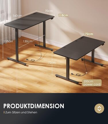 Електричний стіл OffiGo, 160x70 см: регулювання висоти, 2 пам'яті, з розетками та USB, для офісу та дому, чорний