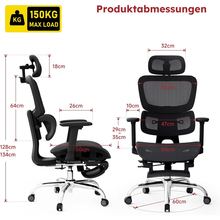Ергономічне крісло для офісу Voll-Mesh з підголівником, підставкою для ніг, регульованою спинкою, підлокітниками, автоматичною поперековою підтримкою, PU-колесами, поворотним на 360°, до 150 кг, чорне