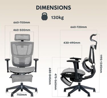 Крісло офісне ErgoX, регульована поперекова підтримка, 4D підлокітники, 2D підголівник, дихаючий матеріал, висота регулюється, до 130 кг