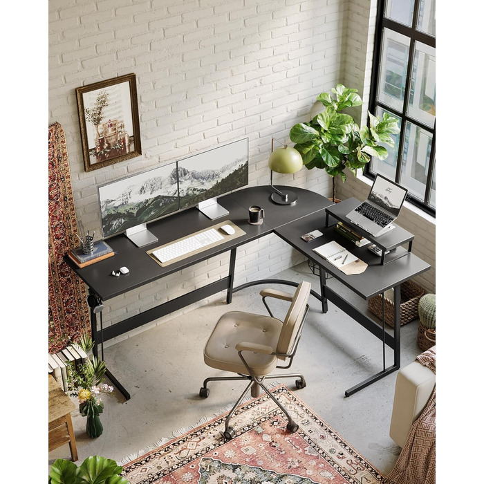 Ігровий кутовий стіл CubiCubi L-подібної форми, 150 x 120 см, чорний, з підставкою для монітора, для геймінгу