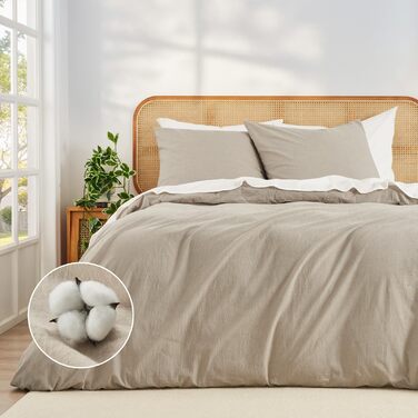 Комплект постільної білизни 200x220 з бавовни, бежевий, суперм'який, 100% бавовна, випрана, з льоноподібною текстурою, ÖKO-TEX, комплект 3 шт. (200x220 + 2 x 80x80)