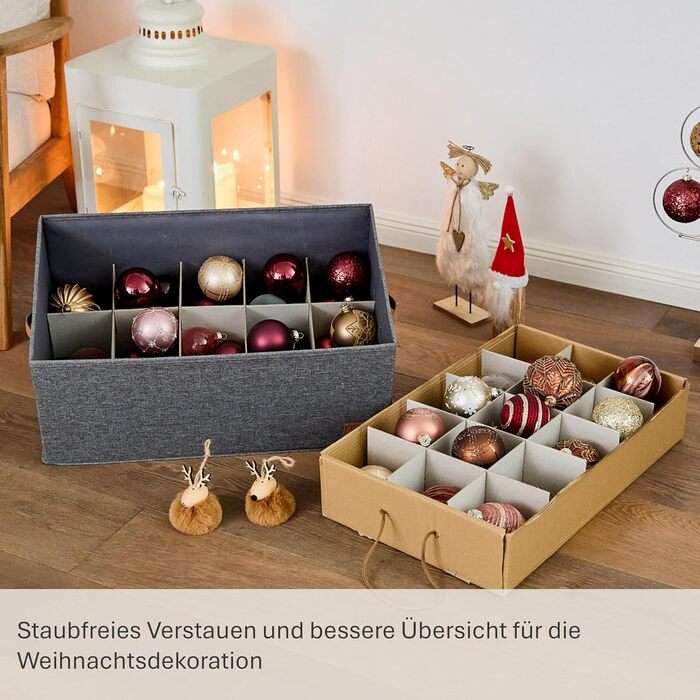 Преміум коробка для зберігання новорічних прикрас LOVE IT STORE IT - тканинна коробка з 30 відділеннями, знімний піднос, сіра, 58x36x25 см