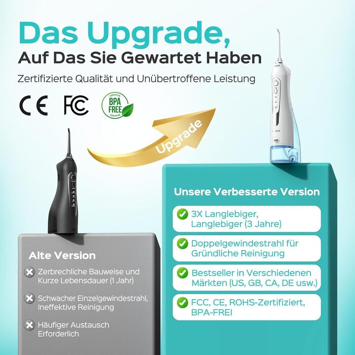 Бездротовий портативний душ COSLUS: 300 мл, IPX7, 5 насадок, для інтенсивного очищення та догляду за порожниною рота, ідеальний для подорожей