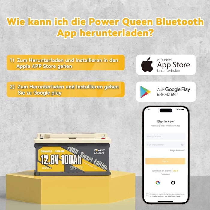 Літієва батарея Power Queen 12,8 В 100 Ач LiFePO4, батарея 1280 Втгод зі 100 А BMS, 4000 циклів зарядки, ідеально підходить як джерело живлення для тягового тролінгового двигуна 30 70 фунтів, автофургону, човна (12V100Ah H190 BT)