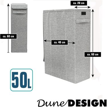 Вузький кошик для білизни DuneDesign 50 л з колесами та кришкою, дерев'яний каркас, сірий, 20x40x60 см