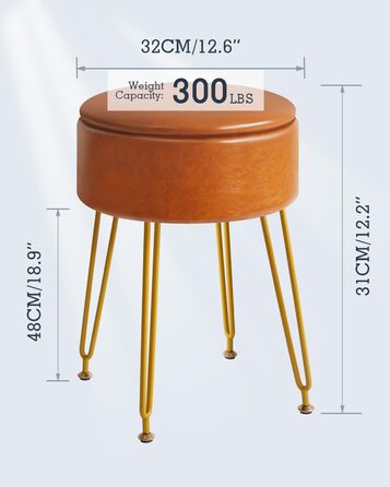 Пуф-табуретка з велюру круглої форми, золоті ніжки, для макіяжу та відпочинку, L/G-30P (з ящиком для зберігання, світло-коричневий)