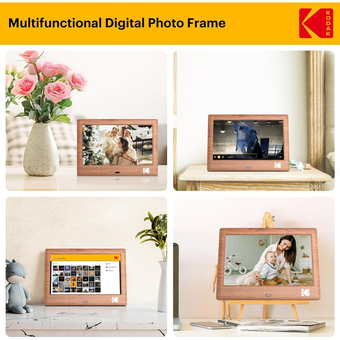 Цифровий фотоальбом Kodak 7 дюймів з IPS екраном, підтримка USB/SD, відтворення фото/музики/відео, календар, будильник, з пультом керування (дерево)