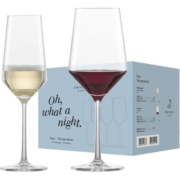 Набір для романтичного вечора Zwiesel Glas Date Night Pure (4 шт.): келихи для шампанського (297 мл) та червоного вина (540 мл), Tritan®-кришталь, Made in Germany
