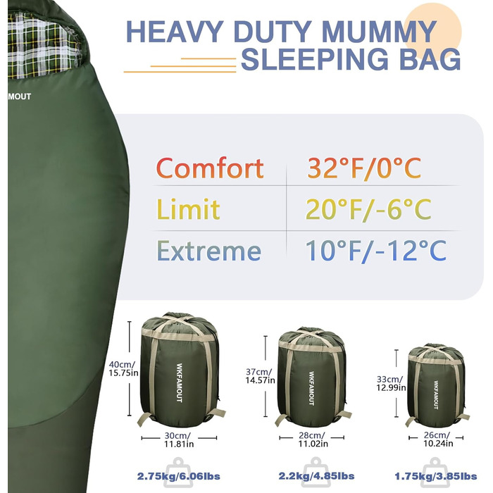 Туристичний спальний мішок WKFAMOUT Flanell 500GSM, -12℃ до 0℃, зимовий, для дорослих і дітей, 3-4 сезони, машінне прання, для кемпінгу та подорожей