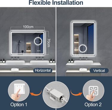 Дзеркало для ванної кімнати S'bagno Bluetooth з підсвічуванням 100x70 см, LED, антизапар, диммер, Bluetooth, HD скло, IP44, горизонтальне/вертикальне