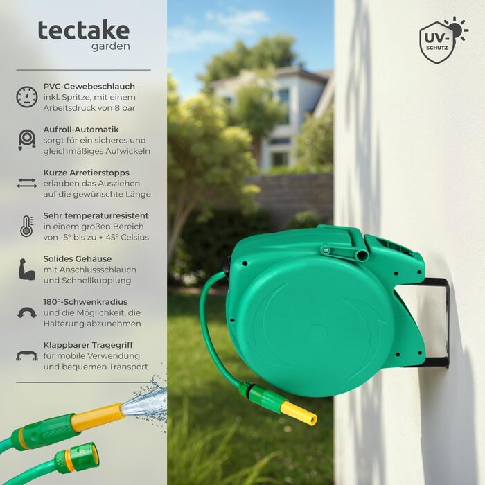 Шланговий барабан Tectake® для стіни, 1/2 дюйма, 10 м, з автозмотуванням. Шланг садовий, котушка для шланга, барабан для поливу, розпилювач.