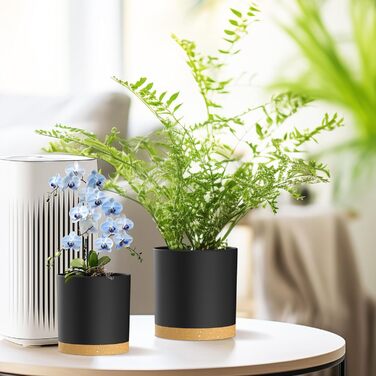 Набір горщиків для квітів 5 шт. з підставками, 17.8/15.2/14/12.7/10.2 см, пластик, для дому та балкону, чорний з коричневою підставкою