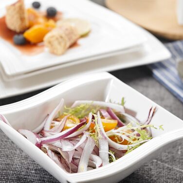 MALACASA Комплект посуду серії Flora – 60 предметів для 12 осіб – кремово-білий порцеляновий сервіз з квадратним дизайном (тарілки, чашки, блюдця) – підходить для миття в посудомийній машині та для використання в мікрохвильовій печі, білий