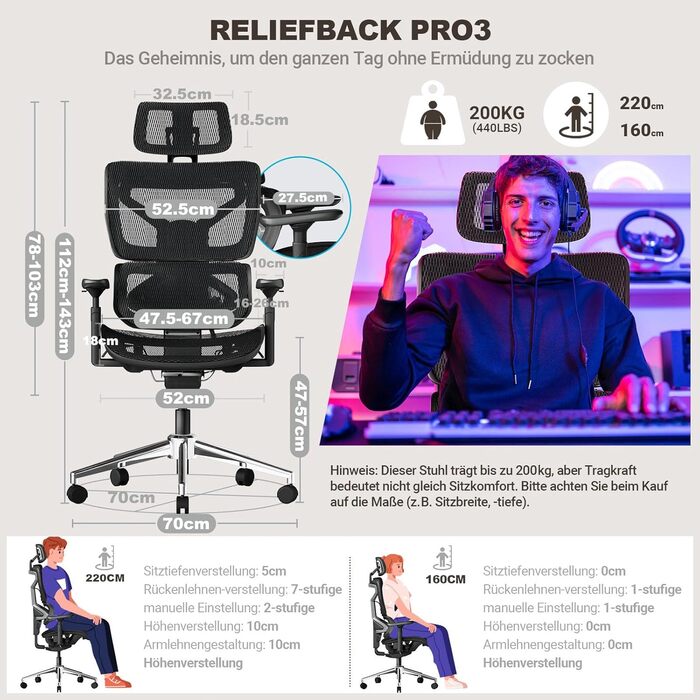 Офісне крісло MELOKEA 200 кг | Ергономічне, з підлаштовуваною спинкою | Підлокітники 4D+Magic | Крісло з підтримкою спини Reliefback Pro3 (Чорний) | Офісні крісла з 3D-підголовником та регульованою спинкою