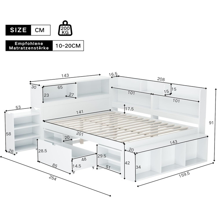 Дитяче ліжко 90x200 з ящиками, полицями та бар'єром, функціональне ліжко з дерева, без матраца, біле