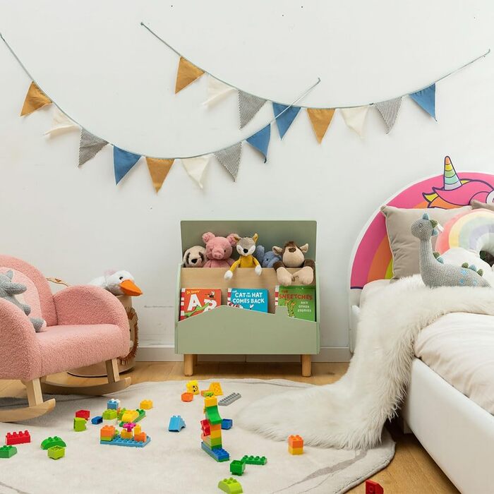 Дитяча полиця SOARS 2 в 1 для книг та іграшок з ящиком, білий та зелений, 60 x 30 x 44 см