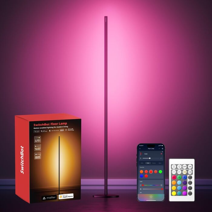 SwitchBot Matter Підлоговий світильник для вітальні та спальні, RGBWW, димування, Apple Home, Alexa, Google Home, керування через APP, музичні та сценні режими, чорний