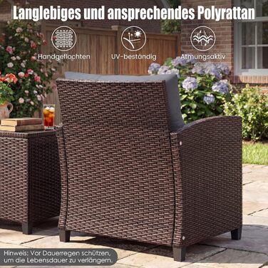 Садовий набір меблів COSTWAY з ротангу 3 предмети: 2 крісла, стіл зі скляною стільницею, подушки. Меблі для балкона, тераси, саду, для 2 осіб, коричнево-сірий