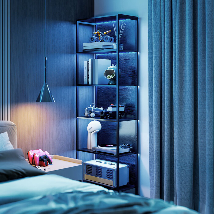 Стильна полиця-стеллаж на 5 ярусів з LED-підсвіткою, 7 кольорів світла, для вітальні, 60 x 30 x 179 см, чорний