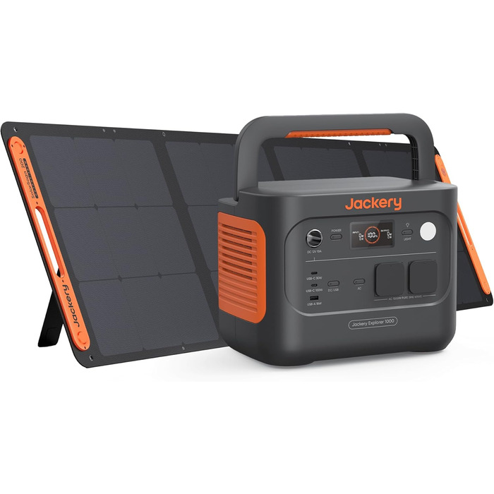 Jackery Explorer 1000: Портативна електростанція з акумулятором 1002Wh, 230V/2000W, USB, QC, для кемпінгу та подорожей (E1000 v2+200W сонячна панель)