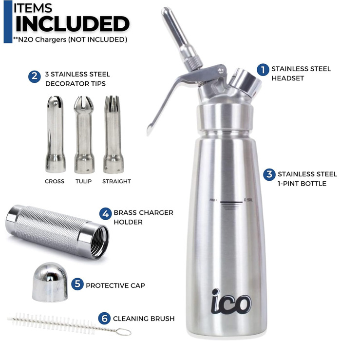 Професійний дозатор для вершків ICO 500 мл з нержавіючої сталі - сифон для капсул з вершками - пляшка Espuma для десертів