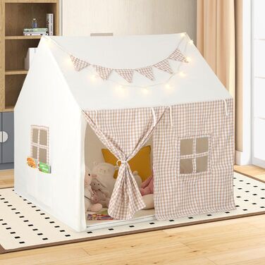 Дитячий намет GOPLUS з м'яким килимком, зірками та китицями, ігровий будиночок для дому та вулиці з вікнами, дверима та кишенями, для дітей від 3 років (Бежевий)