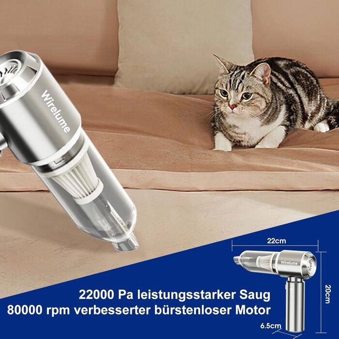 Акумуляторний ручний автомобільний пилосос 4 в 1, потужність 22000 Па, циклонна система, 3 режими всмоктування, портативний бездротовий пилосос для авто та шерсті тварин (світло-сірий)