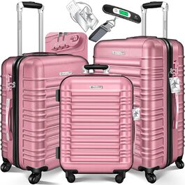 Набір валіз KESSER® 3шт. з жорстким корпусом: велика, середня, маленька. Рожевий колір. Валіза-тролі, валіза-чемодан, валіза на колесах з замком, ABS-пластик, телескопічна ручка, вага в комплекті.