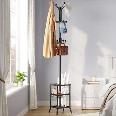 Настінна/підлогова вішалка для одягу FAVOOSTY з підставкою для парасольки, 12 гачків, срібна/чорна