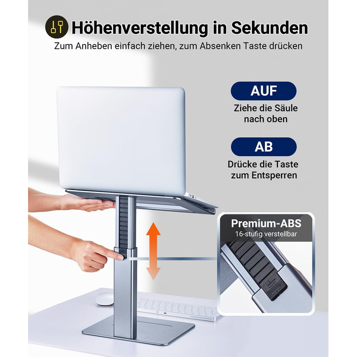 Регульований підставка для ноутбука, стійка для ноутбука на стіл, можливість стоячи, підставка для DJ ноутбука, компактна альтернатива столу, сумісна з MacBook та ноутбуками 13' - 16.5', чорний (сріблястий)