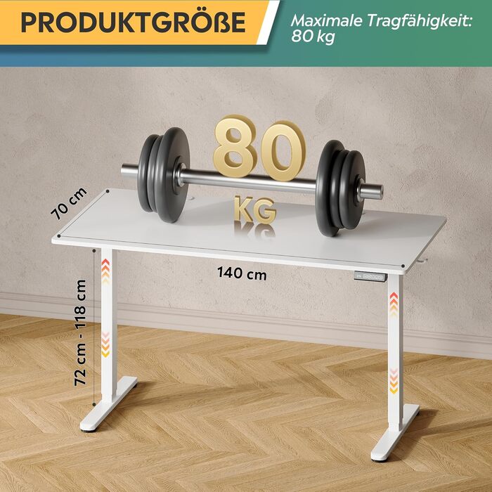 Регульований стіл Devaise 140x70 см з тихим мотором та функцією пам'яті, офісний стіл для роботи стоячи, білий