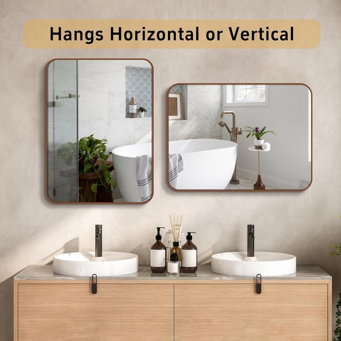 Дзеркало для ванної кімнати на стіну з круглим кутом та коричневим металевим каркасом, 76.2 x 50.8 см, бронза, для ванної, передпокою, вітальні, спальні