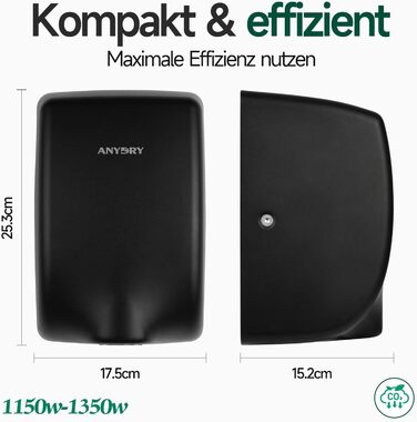 Anydry 2803Y Міні-сушарка для рук, 1350W, нержавіюча сталь, матове чорне покриття, для дому та бізнесу
