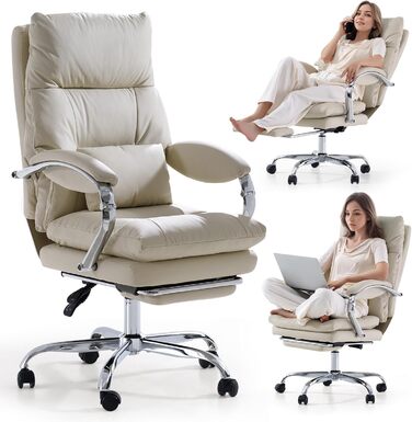 Офісний крісло EMIAH з підставкою для ніг, комфортний крісло для роботи з підлокітниками, ергономічний крісло для начальника з PU шкіри та роликами, ігровий комп'ютерний стілець з потовщеним сидінням, без функції масажу (Бежевий)