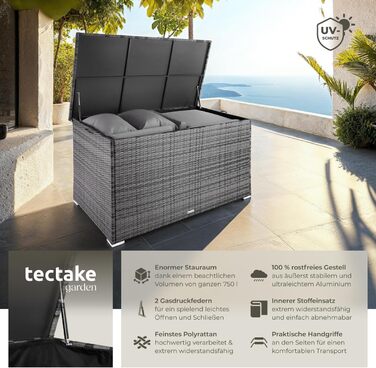 Скриня для зберігання садових речей Tectake з поліротангу, 750 л, чорна - водонепроникна, з газовими амортизаторами, 145x82.5x79.5 см