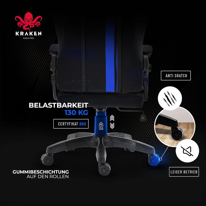 Крісло ігрове KRAKEN CHAIRS, тканинне, ергономічне, для геймерів, чорно-синій, до 130 кг