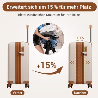Чемодан ручної поклажі KONO з тримачем для напоїв, жорсткий, легкий, з поліпропілену, розширюваний, 4 колеса, TSA-замок, кремовий/коричневий, M