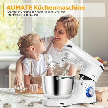 Кухонна машина AUMATE 1400W з міксером, гаком для тіста та набором насадок (6.2 л, порцеляна)