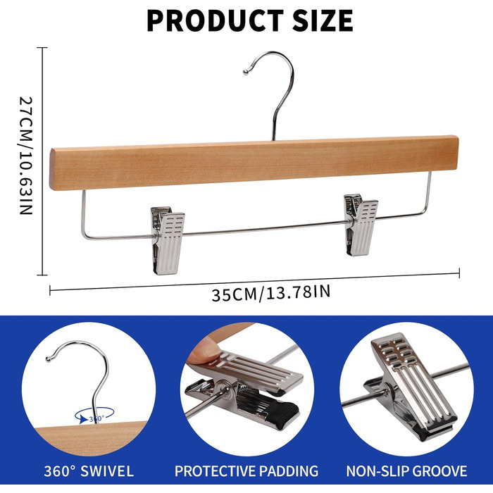 Дерев'яні вішалки для штанів LANSHINE, 20 шт. з антиковзними зажимами, 360° обертання, для штанів, спідниць та піджаків