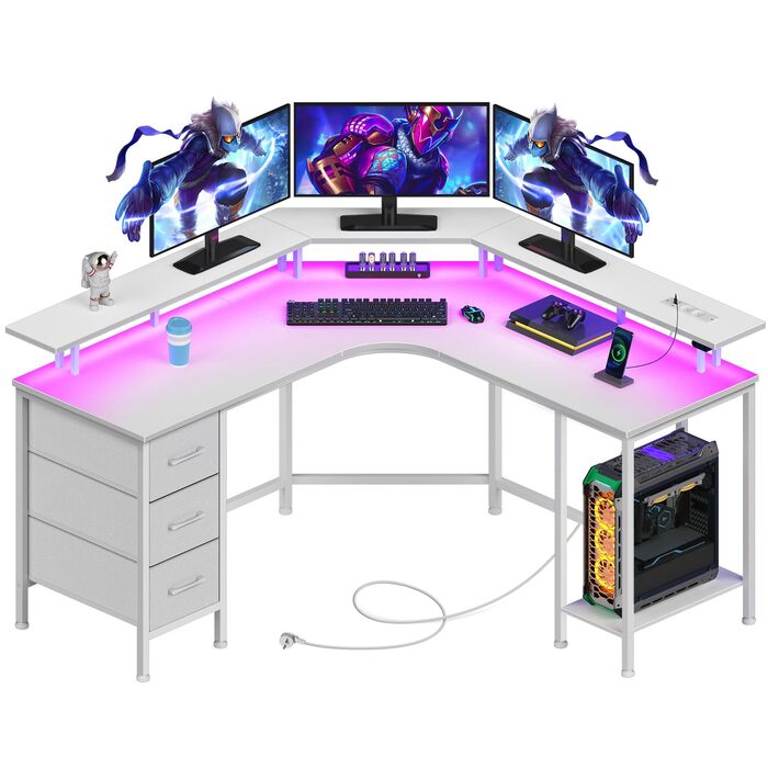 Ігровий кутовий стіл Seventable L-подібної форми з LED підсвіткою, розетками та 3 текстильними висувними ящиками, білий, 135x135x88 см